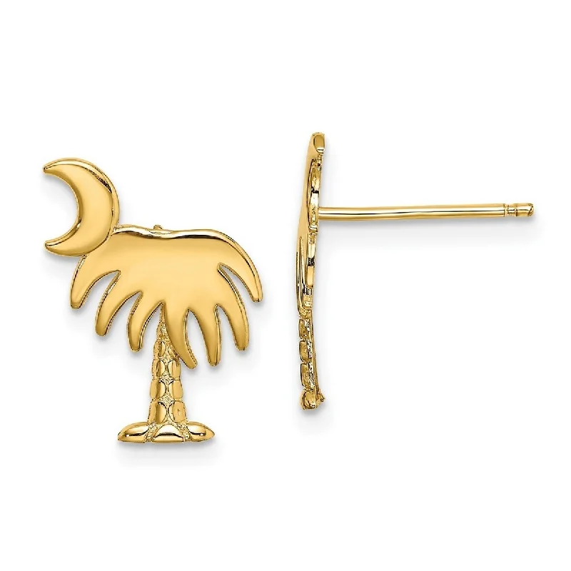 Curata 14k Yellow Gold Charleston Palm Tree With Celestial Moon Post Earrings