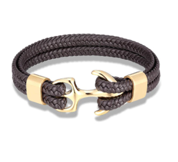 Canyon Lake Leather Rope Chain Anchor Bracelet, Dark Brown / Gold