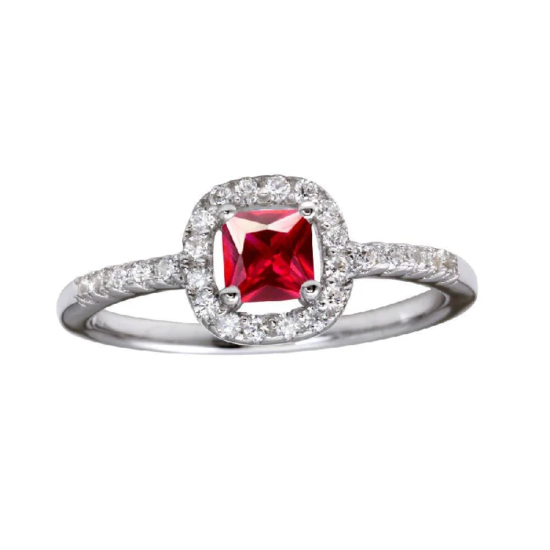 Rhodium Plated 925 Sterling Silver Square Clear and Red CZ Center Stone Ring - BGR01222RED