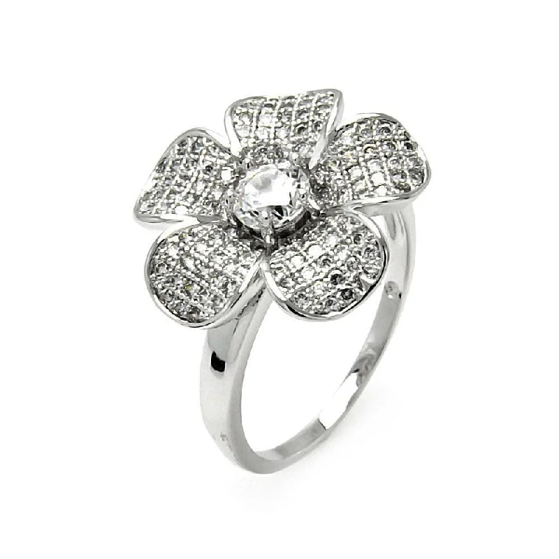 Silver 925 Rhodium Plated Clear Micro Pave Set CZ Flower Ring - BGR00528