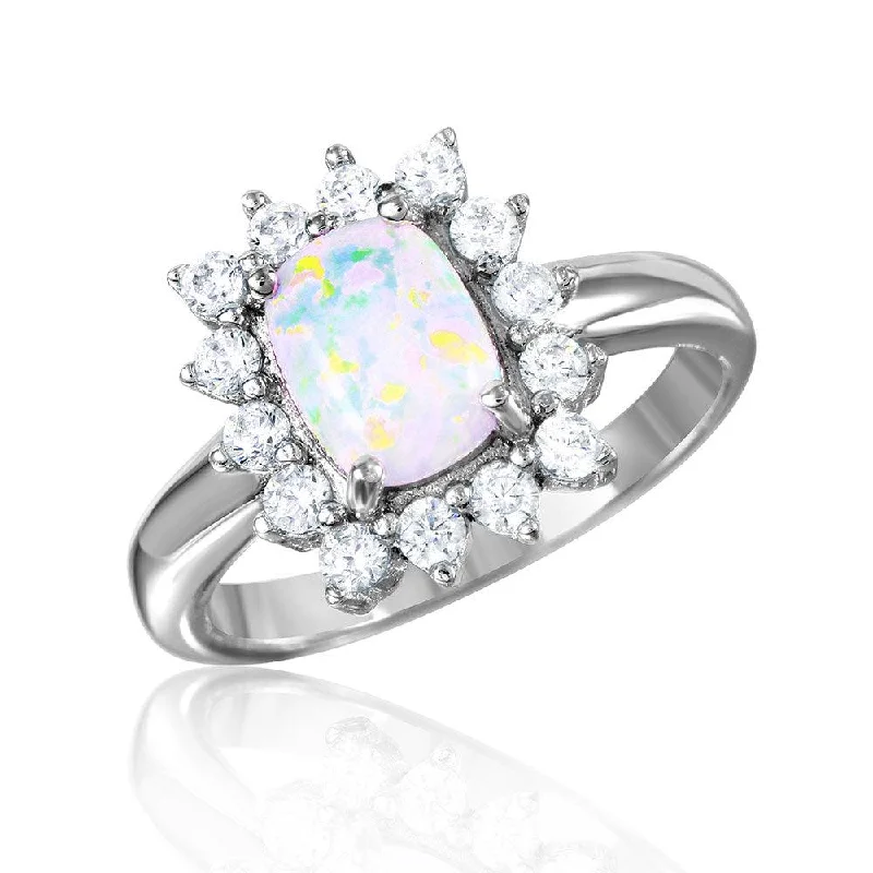 Silver 925 Rhodium Plated Rectangle Halo Ring with Synthetic Opal Center - BGR01030