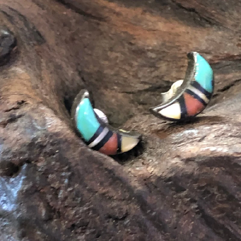 Zuni Sterling Silver Channel Inlay Crescent Moon Pierced Post Stud Earrings