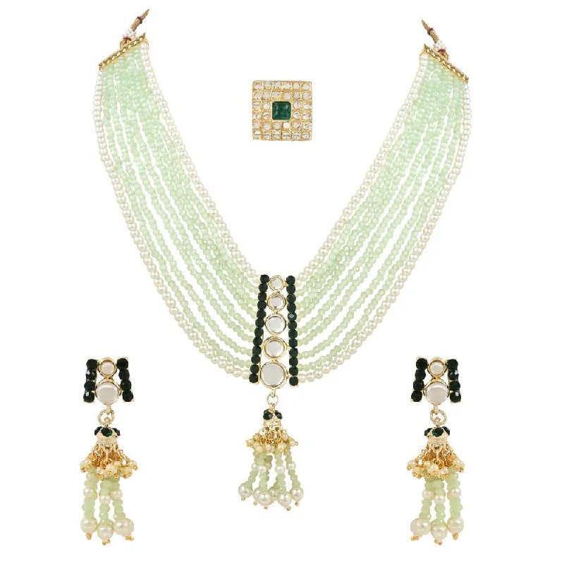 Etnico Gold Plated Traditional Kundan & Mint Beads Multistrand Necklace With Earrings, Maang Tikka & Finger Ring Set For Women (ML320Min)men/Girls (ML319G) (Copy)