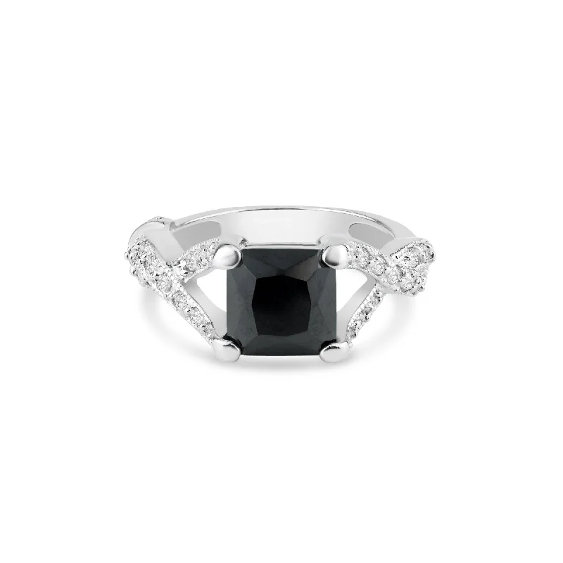 Silver 925 Rhodium Plated Black Square Center and Clear CZ Ring - BGR00032