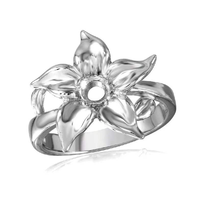 Silver 925 Rhodium Plated Flower Single Stone Mounting Ring - BGR00500