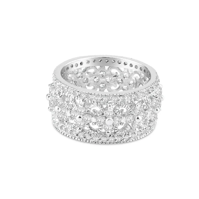 Silver 925 Rhodium Plated CZ Orante Flower Eternity Ring - STR00538