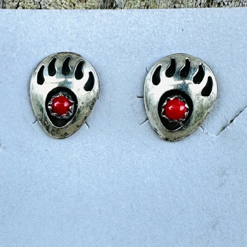 Vintage Sterling Silver & Coral Shadowbox Pierced Post Earrings