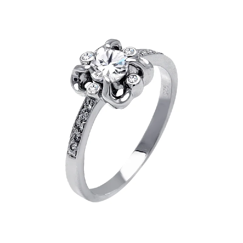 Silver 925 Rhodium Plated Round Clear Center CZ Flower Ring - BGR00478