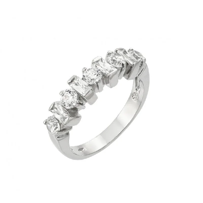 Silver 925 Rhodium Plated Clear Round and Baguette CZ Half Row Ring - BGR00900