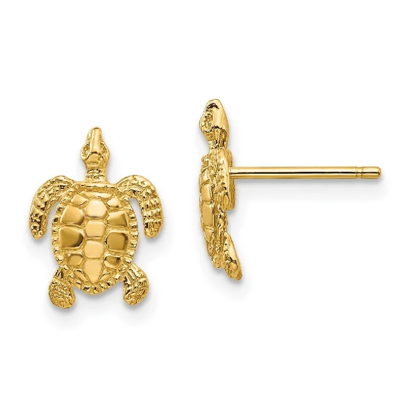 Curata 14k Yellow Gold Textured Polished Sea Turtle Post Earrings (9mm x 11mm)