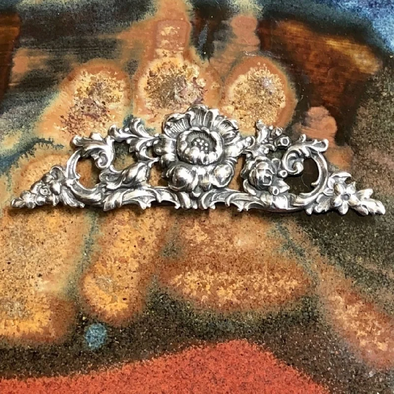 Fancy Sterling Silver Brooch with Repoussé Baroque Design