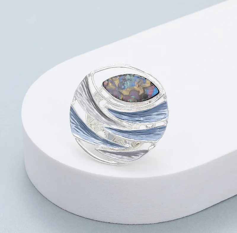 Gracee Jewellery Silver Plated Magnetic Brooch | Elegant Blue and Silver Design with Mother-of-Pearl Insert