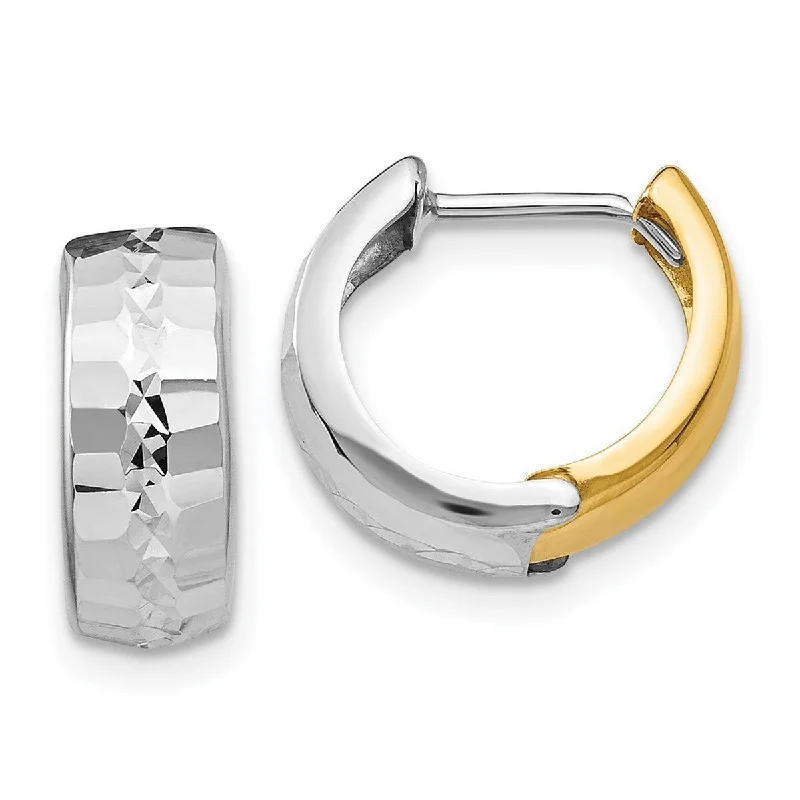 Curata 14k Two Tone Polished Gold Textured 5x13mm Reversible Hinged Huggies Hoop Earrings