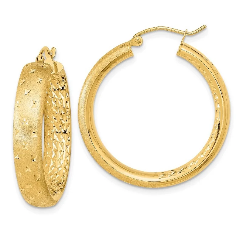 Curata 14k Polished Satin and Sparkle Cut In Out Hoop Earrings - 31.85x29.25mm Wide 5.75mm Thick