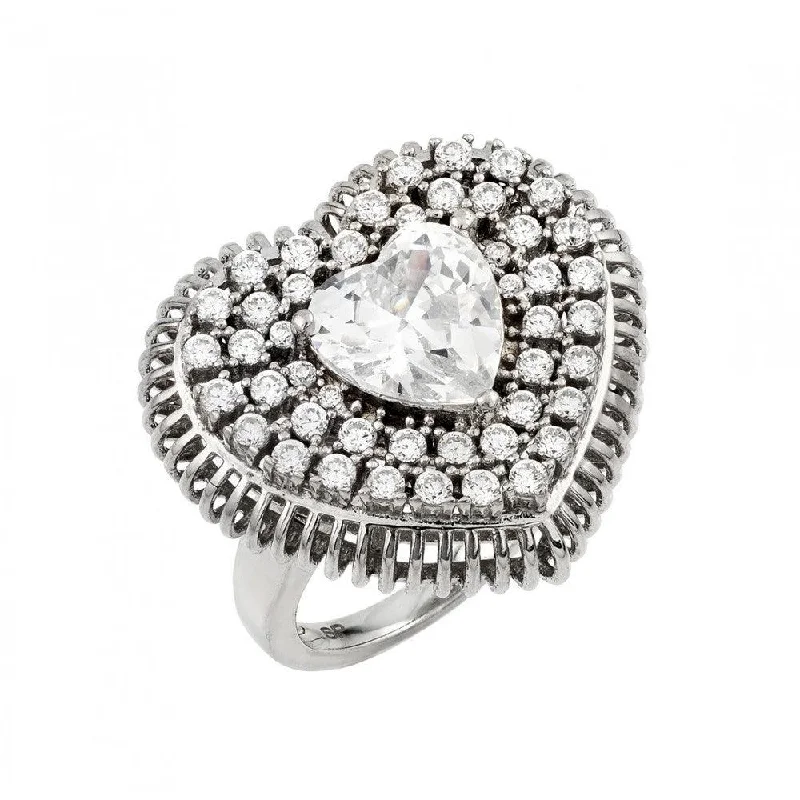 Silver 925 Rhodium Plated Heart Micro Pave Cluster Ring - GMR00015