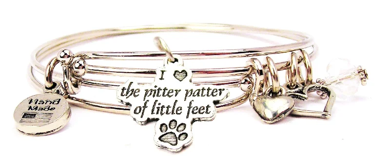 I Love The Pitter Patter Of Little Feet With Paw Prints Expandable Bangle Bracelet Set