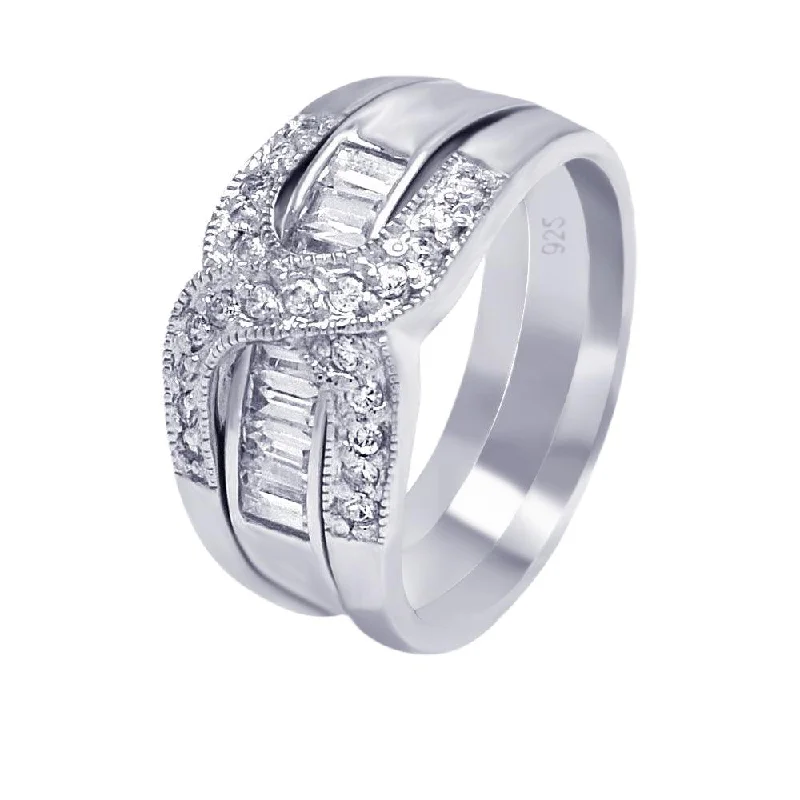 Silver 925 Rhodium Plated Clear Baguette CZ Overlap Ring - AAR0006