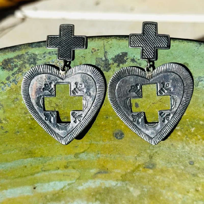 Sterling Silver Heart & Cross Large Pierced Post Earrings