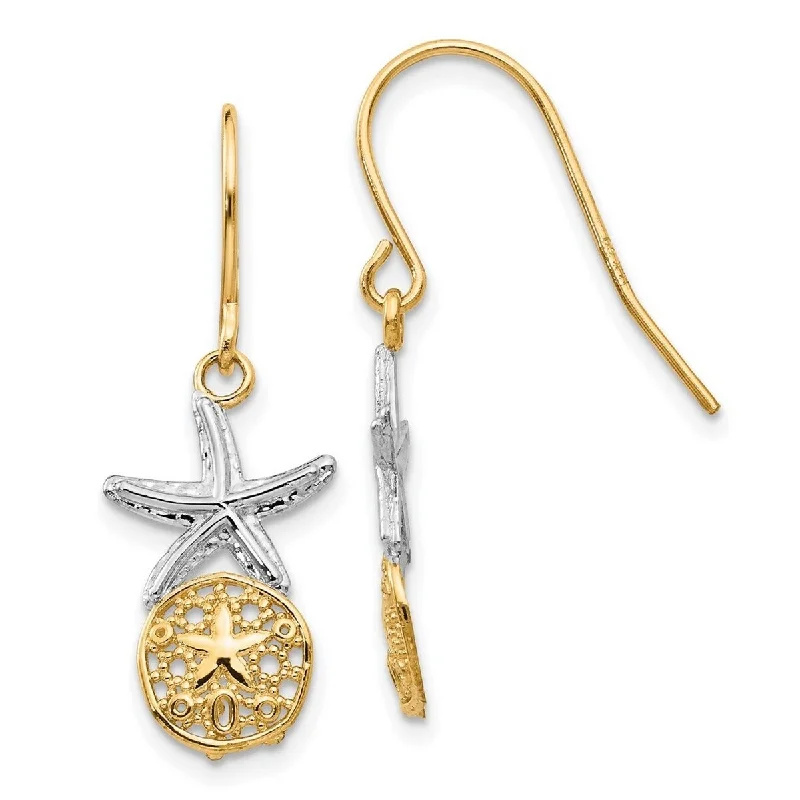 Curata 14k Two-tone Star-Fish and Sand-Dollar Drop Dangle Hook Earrings (11mm x 29mm) - White