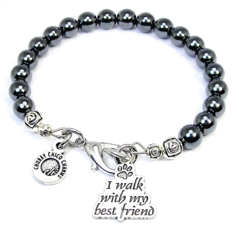 I Walk With My Best Friend Hematite Glass Bracelet