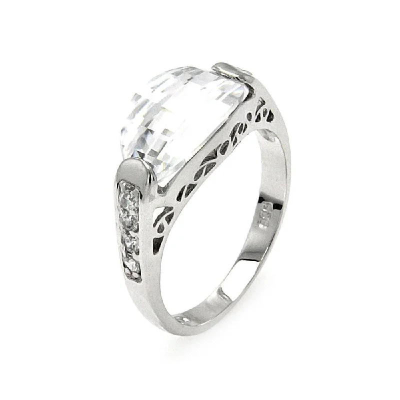 Silver 925 Rhodium Plated Oval Clear Center and Round CZ Ring - BGR00542