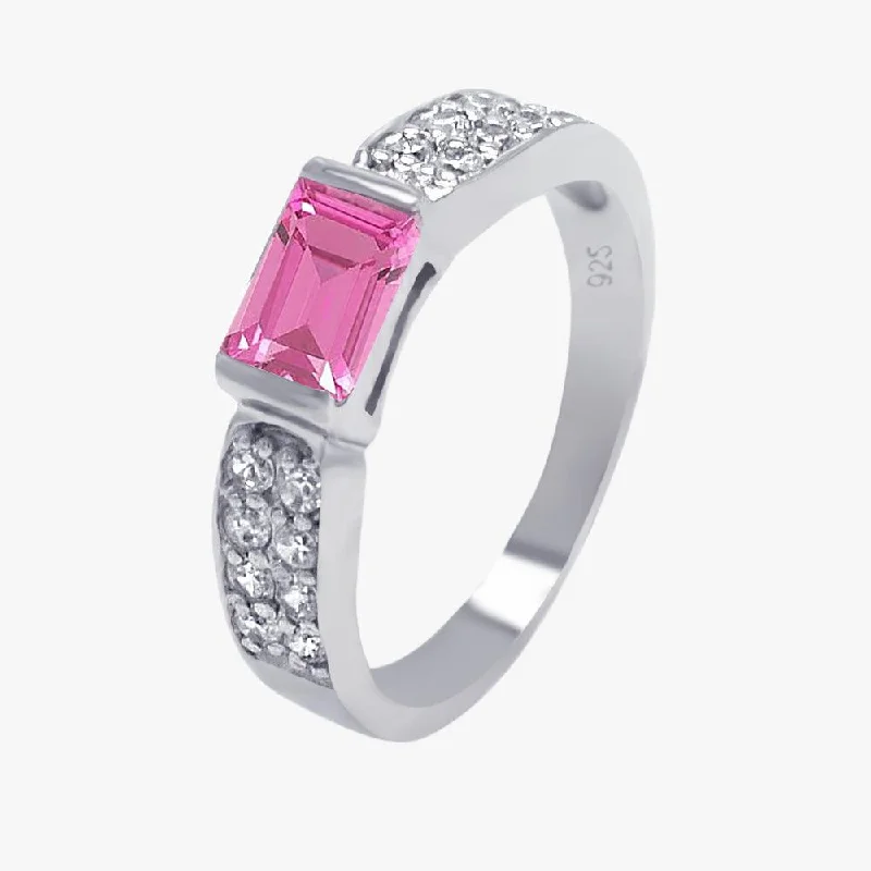 Silver 925 Rhodium Plated Pink Rectangular Center Pave CZ Ring - AAR0002PINK