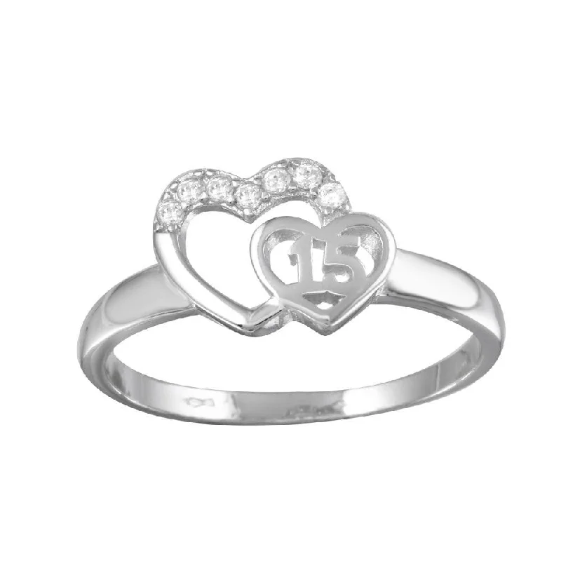 Rhodium Plated 925 Sterling Silver Heart 15 Ring with CZ - TMR00001