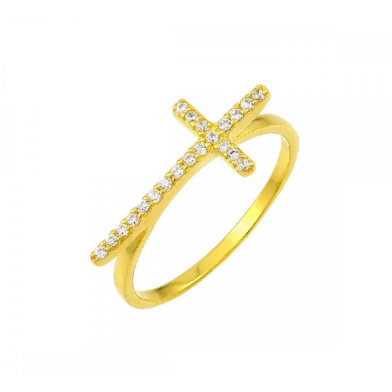 Silver 925 Gold Plated Clear CZ Cross Ring - BGR00810GP