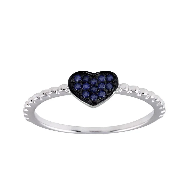 Rhodium Plated 925 Sterling Silver Beaded Heart Blue CZ Ring - BGR01245BLU