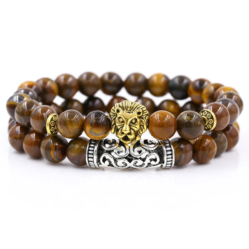 Burbank Gold Lion Brown Stackable Tiger Eye Beaded Bracelets