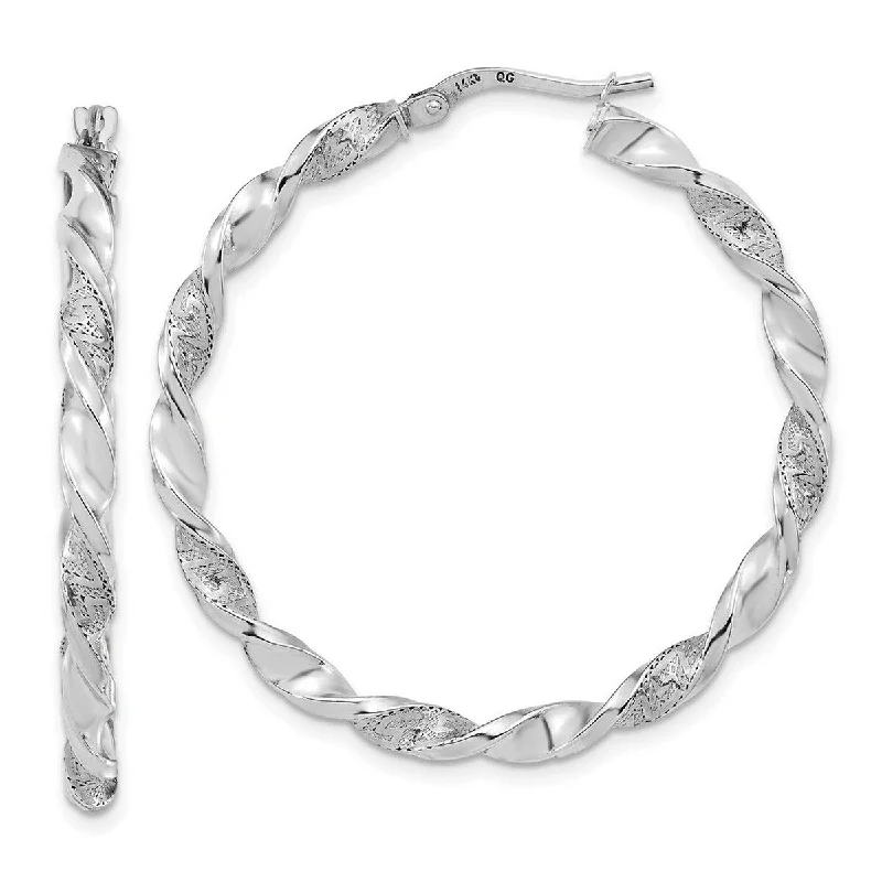 Curata 14k White Gold Polished and Textured 39.7x3mm Twisted Hoop Earrings