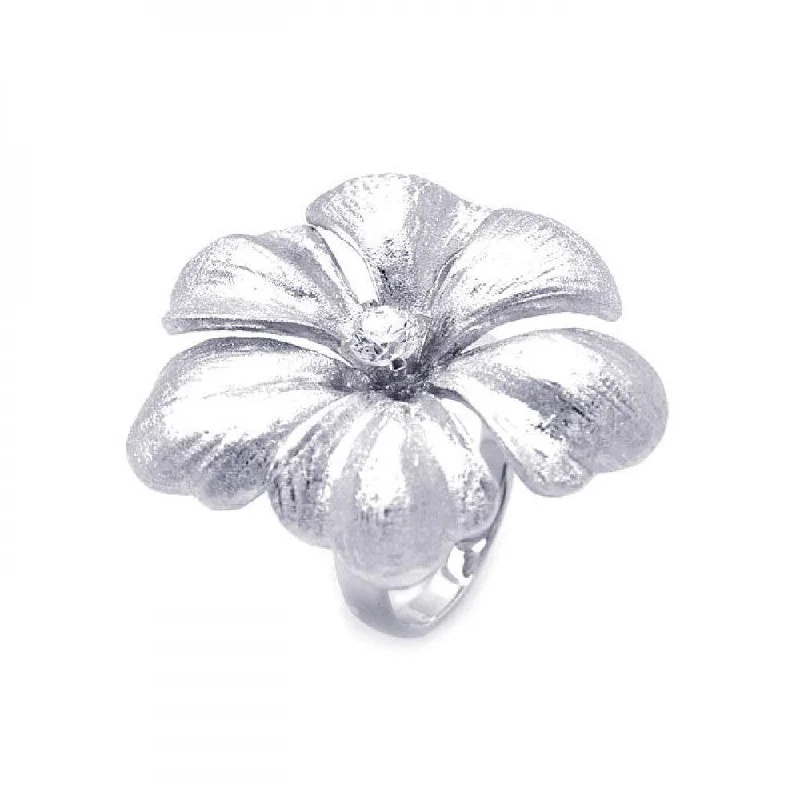 Silver 925 Rhodium Plated Matte Finish Single CZ Flower Ring - STR00820