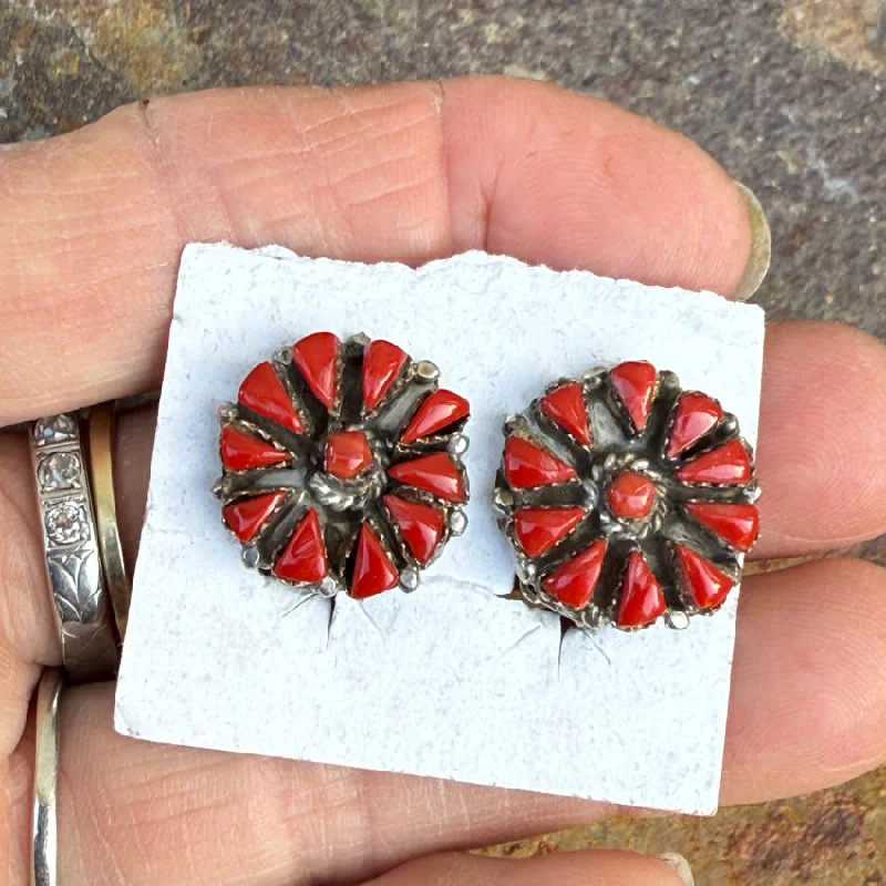 Vintage Zuni Sterling Silver & Red Coral Rosette Clip On Earrings (Copy)