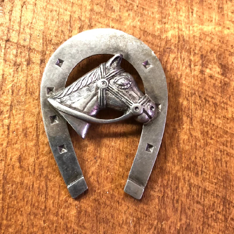 Great Vintage Sterling Silver Horse & Horseshoe Pin Brooch