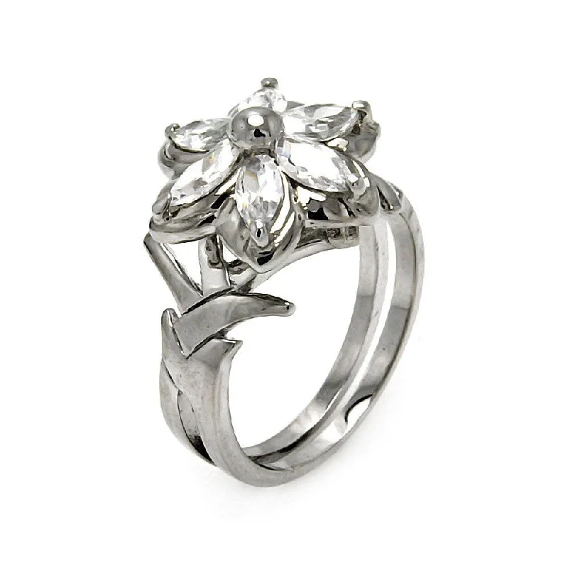 Silver 925 Rhodium Plated CZ Flower Ring - STR00138