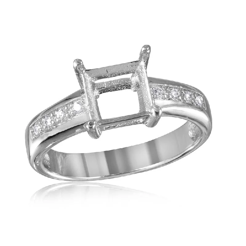 Silver 925 Rhodium Plated Square Mounting with CZ Stones Ring - BGR00492