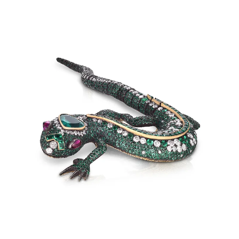 Emerald, Diamond & Ruby Lizard Brooch