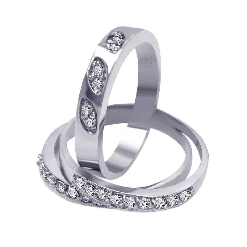 Silver 925 Rhodium Plated Clear Pave CZ Ring Set - AAR0024