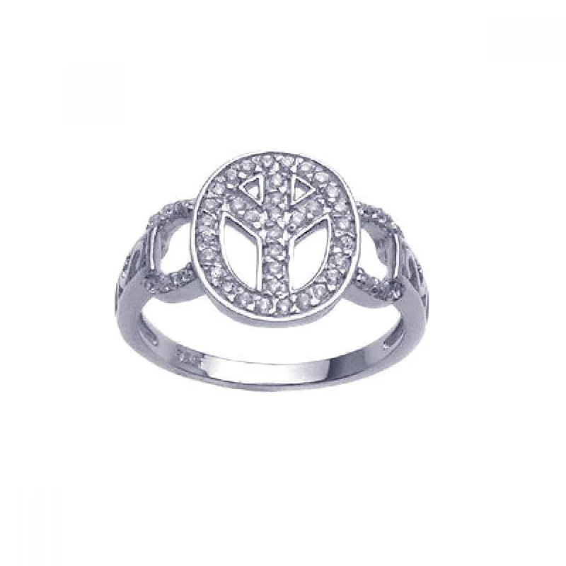 Silver 925 Rhodium Plated CZ Wide Peace Sign Ring - STR00592