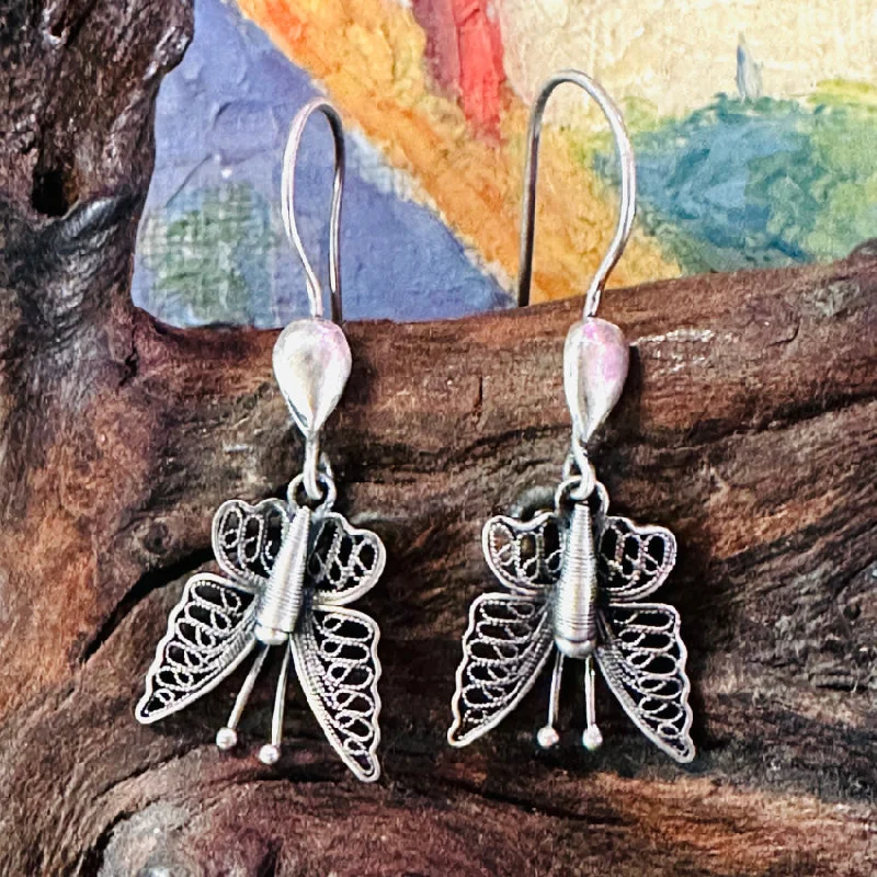 Vintage Sterling Silver Filigree Butterfly Pierced Earrings