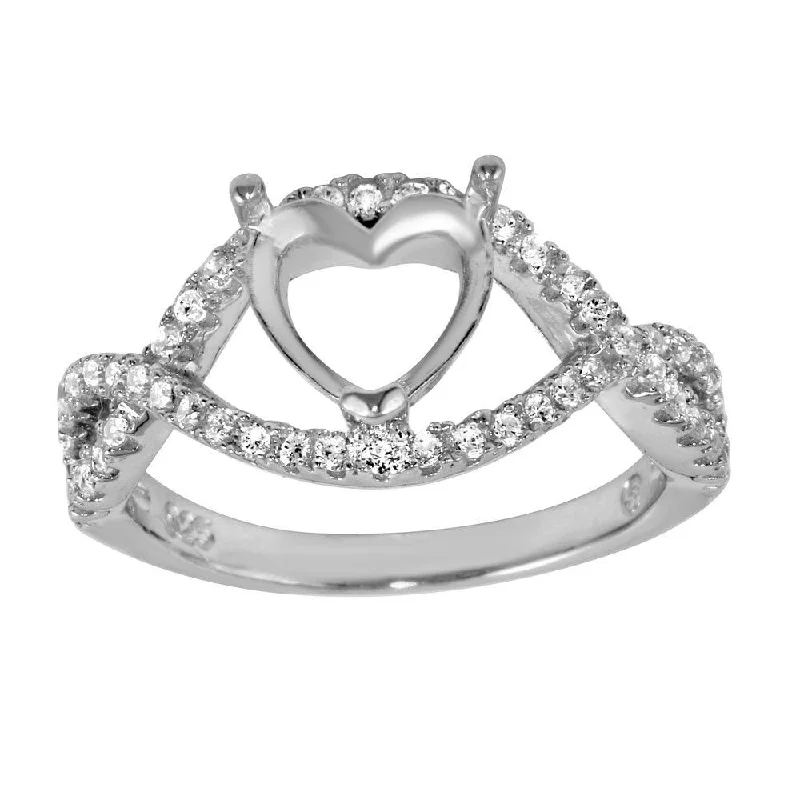 Rhodium Plated 925 Sterling Silver Twisted Center Mounting for Heart Stone Ring with CZ - BGR01060