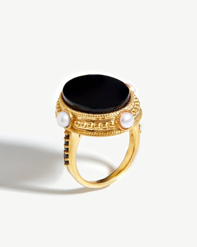 Harris Reed Golden Seal Ring | 18k Gold Plated/Pearl & Black Onyx