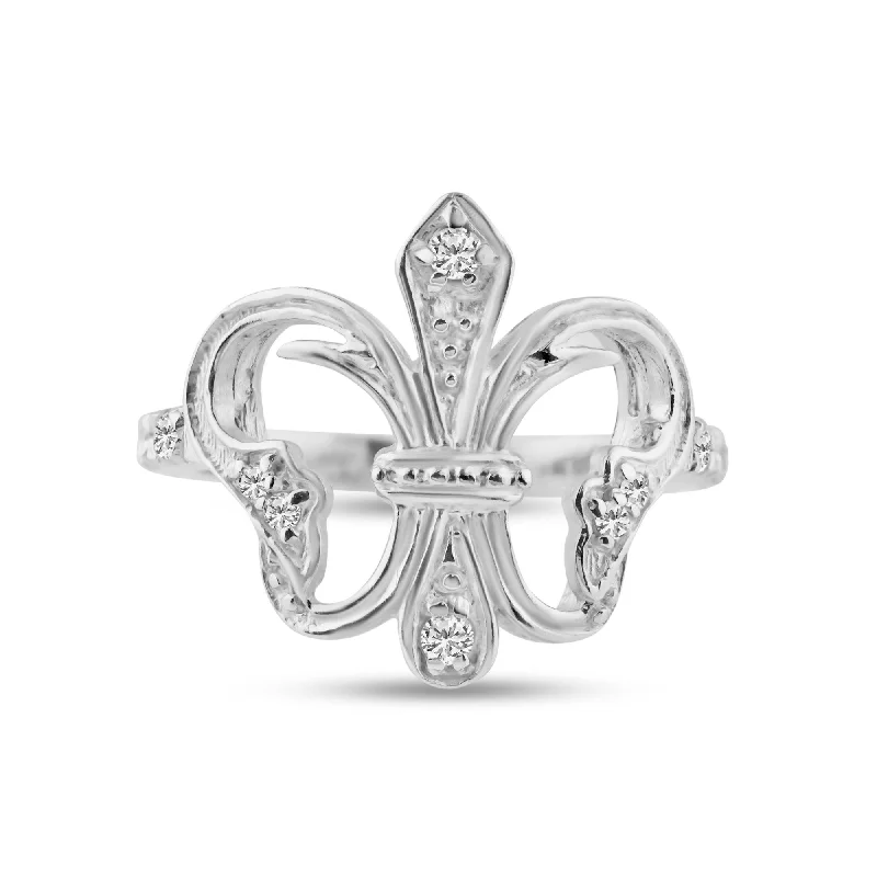 Silver 925 Rhodium Plated CZ Fleur De Lis Ring - STR00529