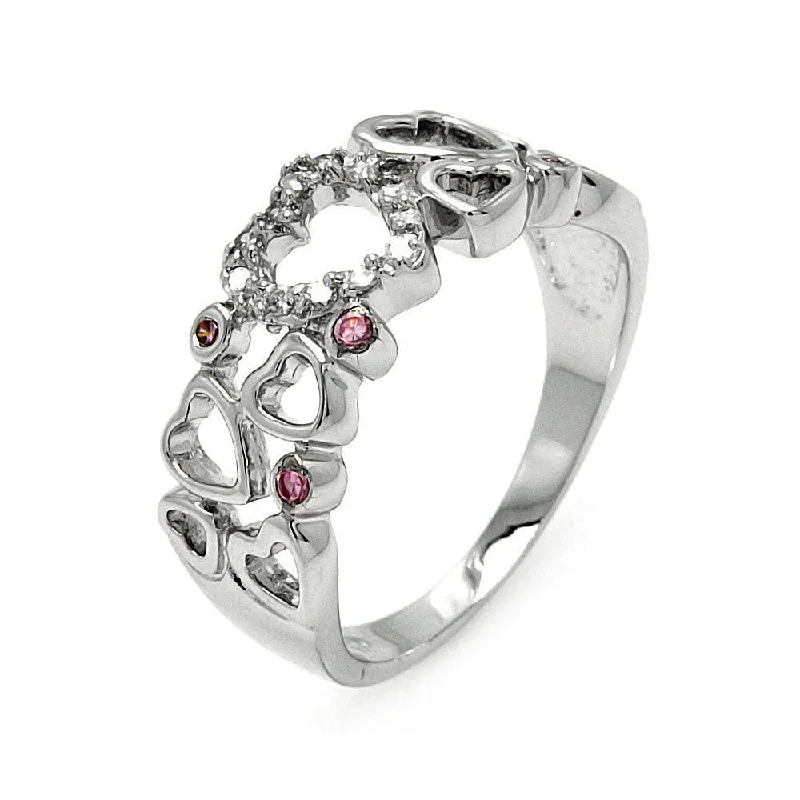 Silver 925 Rhodium Plated Clear and Pink CZ Multi Heart Ring - BGR00587