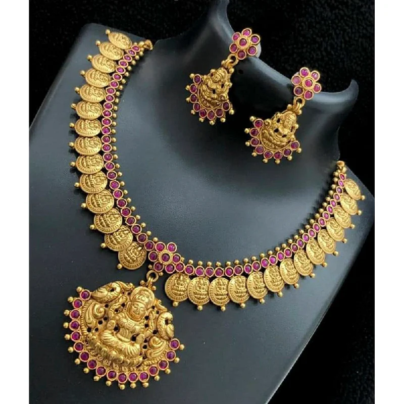 India Art Gold Plated Pink Pota Stone Traditional Necklace Set