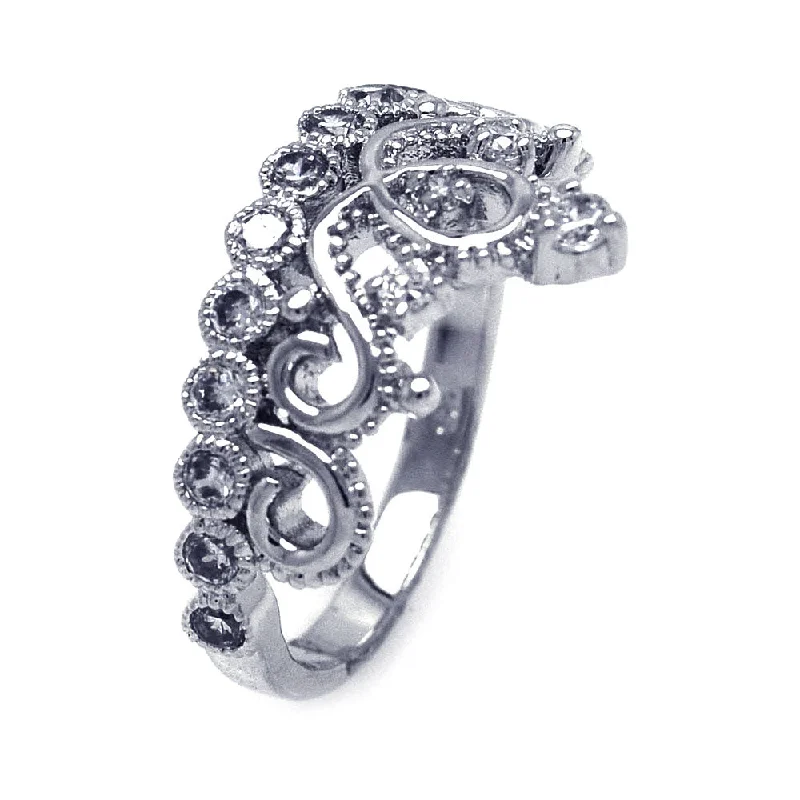 Silver 925 Rhodium Plated Crown Pear and Round CZ Ring - BGR00113