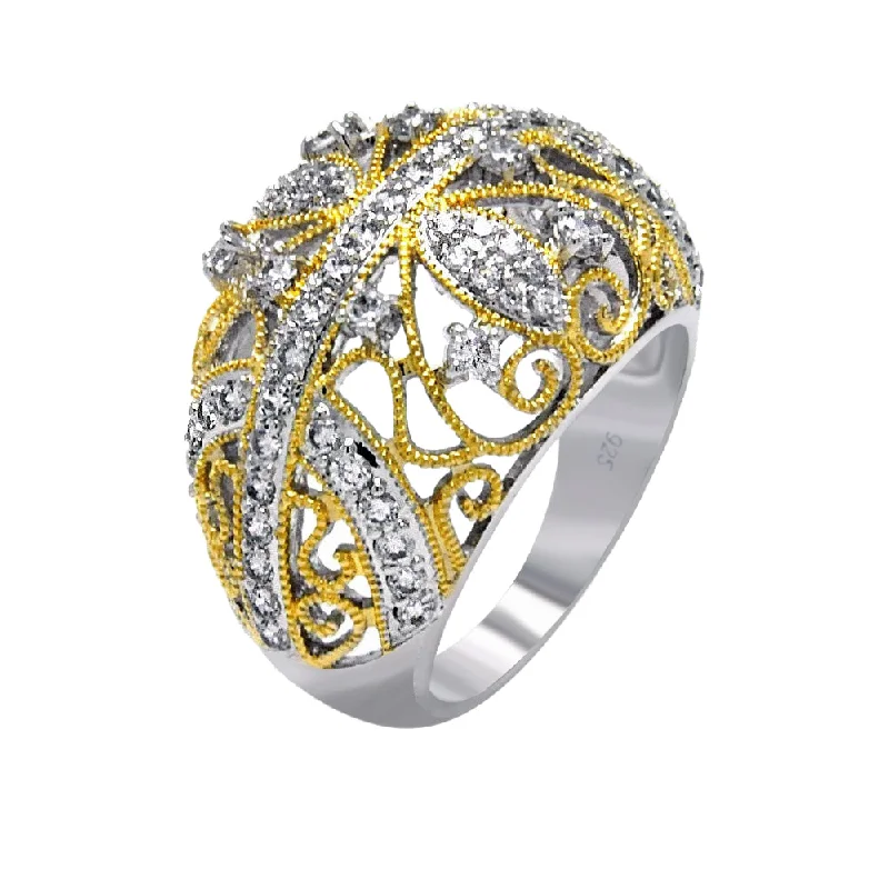 Clearance-Silver 925 Rhodium and Gold Plated 2 Toned Clear CZ Filigree Dome Ring - BGR00374