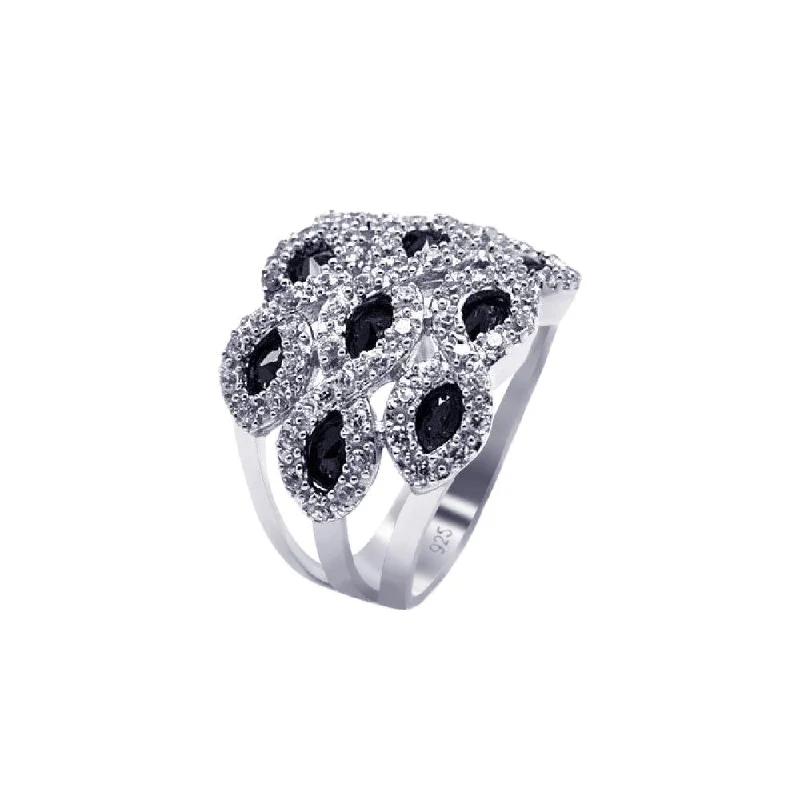 Silver 925 Rhodium Plated Clear and Black Marquise CZ Cigar Band Ring - AAR0068