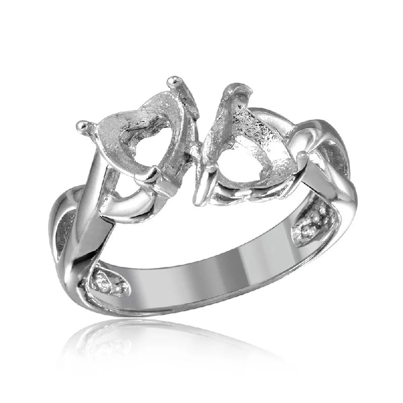 Silver 925 Rhodium Plated Double Heart  Mounting Twisted Shank Ring - BGR01219