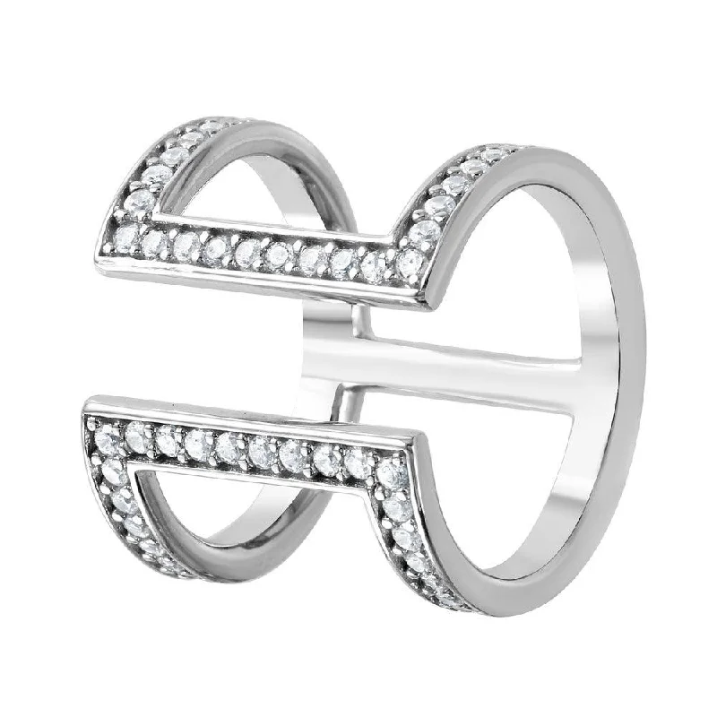 Silver 925 Rhodium Plated CZ Double Bar Ring - GMR00043